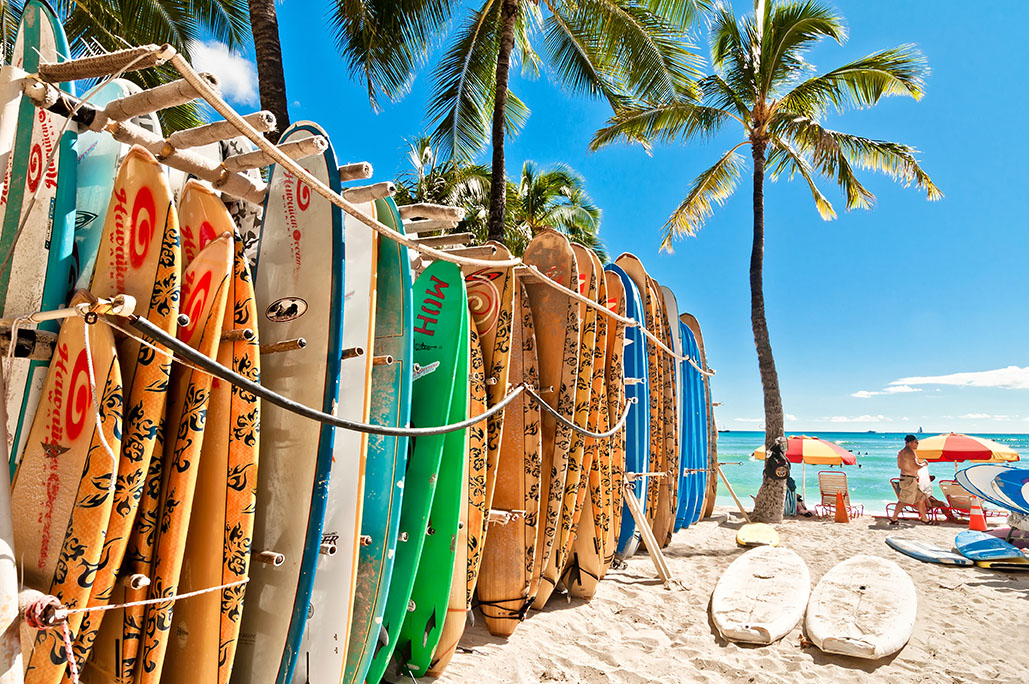 Surfboards in the rack at Waikiki Beach – Honolulu